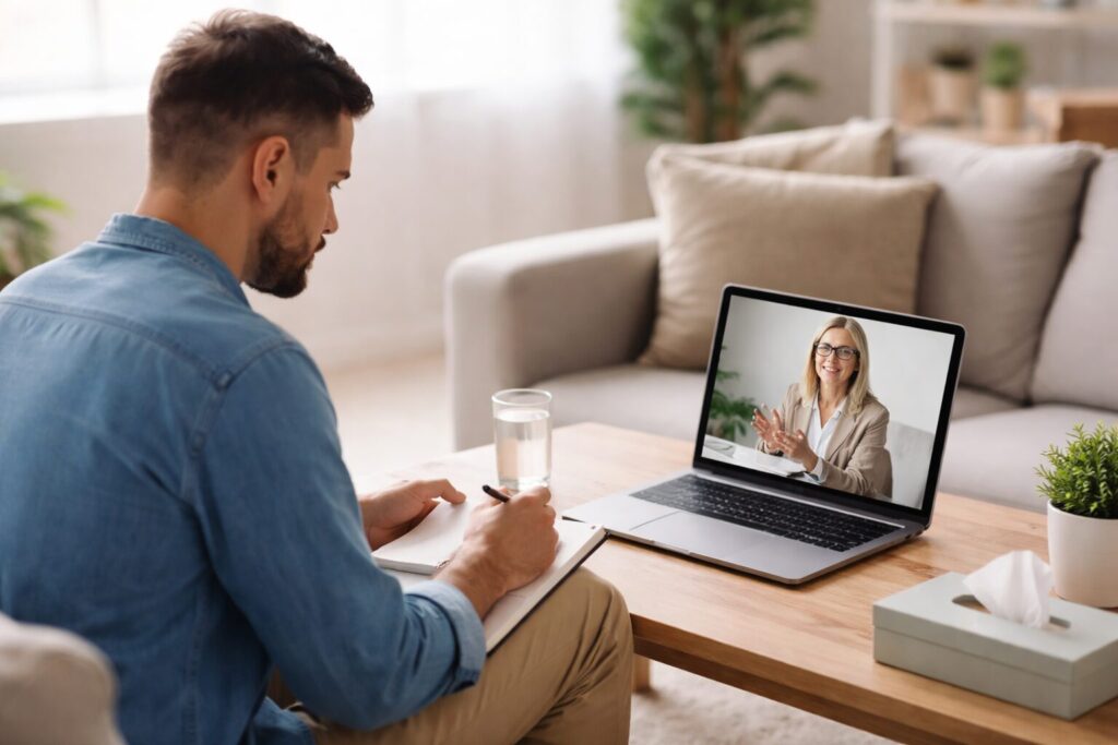 Man attending virtual IOP therapy session from home in Florida