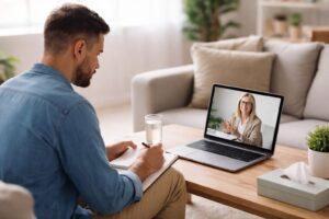 Man attending virtual IOP therapy session from home in Florida