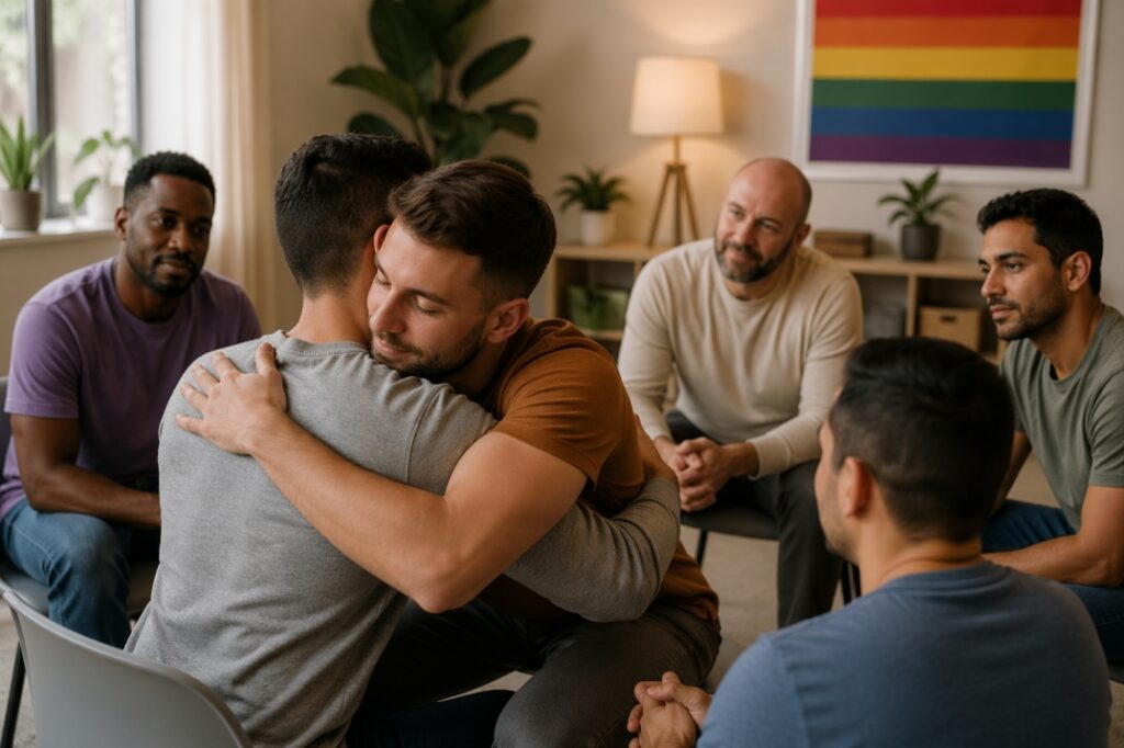 LGBTQ support group therapy session helping individuals recover from chem sex addiction