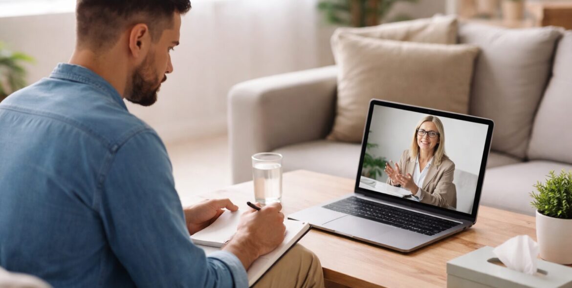 Man attending virtual IOP therapy session from home in Florida