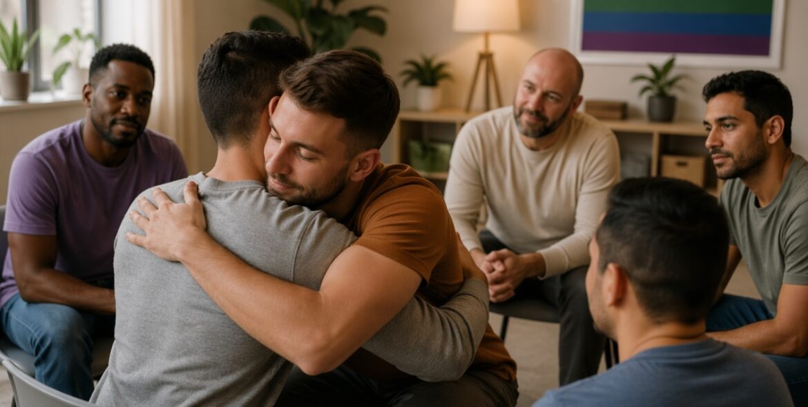LGBTQ support group therapy session helping individuals recover from chem sex addiction